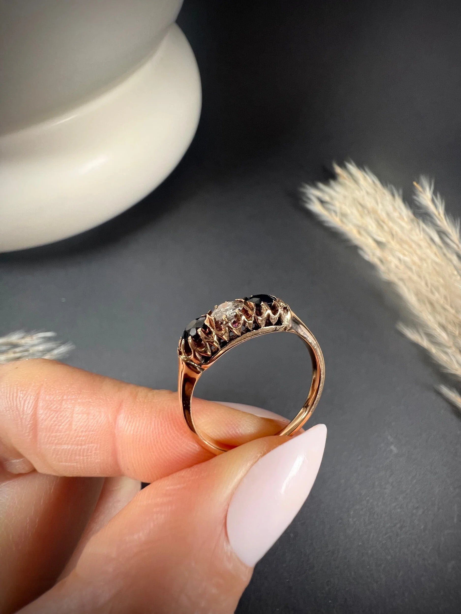 Antique 18ct Rose Gold, Victorian Sapphire & Diamond Three Stone Gypsy Ring
