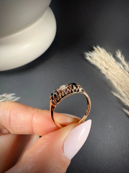 Antique 18ct Rose Gold, Victorian Sapphire & Diamond Three Stone Gypsy Ring