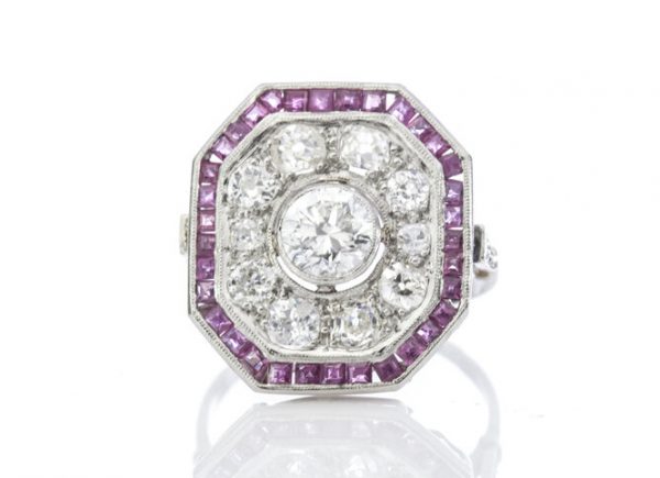 Late Art Deco Diamond, Ruby and Platinum Cluster Ring; with 1.45cts old and brilliant-cut diamonds and 0.68cts square cut rubies, Circa 1930
