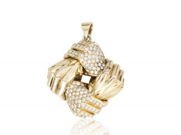 Vintage French Diamond and 18ct Gold Four Hand Symbol Pendant, four interlocking hands crafted from 18ct yellow gold set with 3.00 carats round brilliant-cut diamonds, Circa 1970s