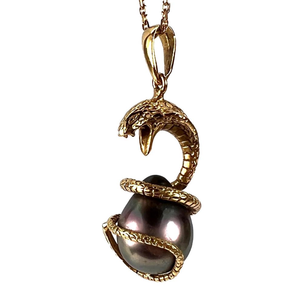 King Cobra Snake and Black Tahitian Pearl Pendant
