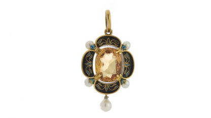 Antique Victorian Citrine, Enamel, Pearl and 15ct Gold Pendant; central 8.00 carat oval faceted citrine, the black enamel surround with blue enamel highlights and pearl accents. Made in England, Circa 1870s