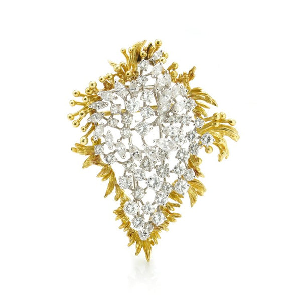 Vintage 6ct Diamond Changeable Brooch in 18ct Gold; 2-in-1 diamond brooch, central panel features 6.05 carats of brilliant and marquise-cut diamonds mounted in 18ct white gold, surrounded by a removeable abstract 18ct yellow gold frame
