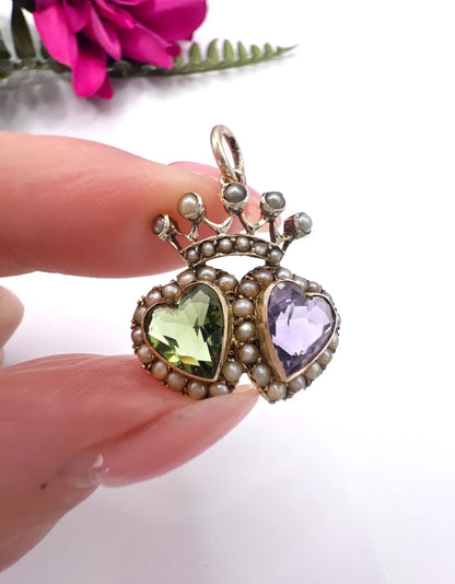 Antique 9 Carat Gold Suffragette Crowned Sweetheart Pendant, Circa 1910