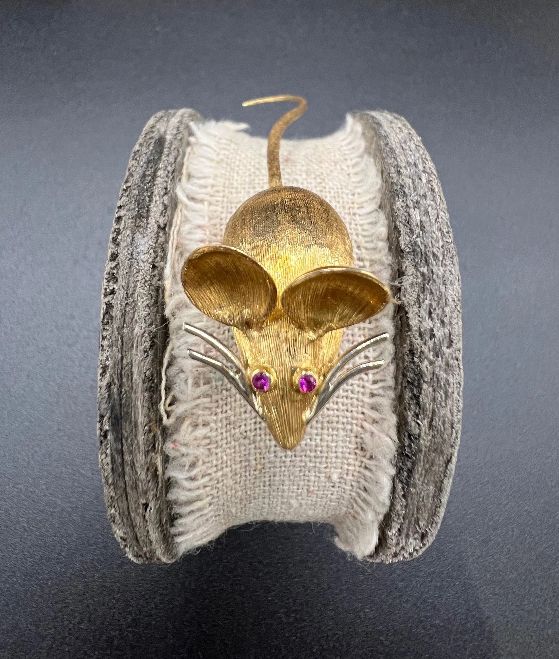 Vintage 18 ct Gold Italy 1960's Ruby Mouse Brooch, Animal Jewellery