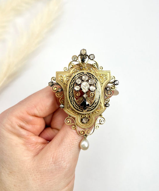 Antique Diamond, Enamel And Pearl Brooch In 18 Carat Yellow Gold