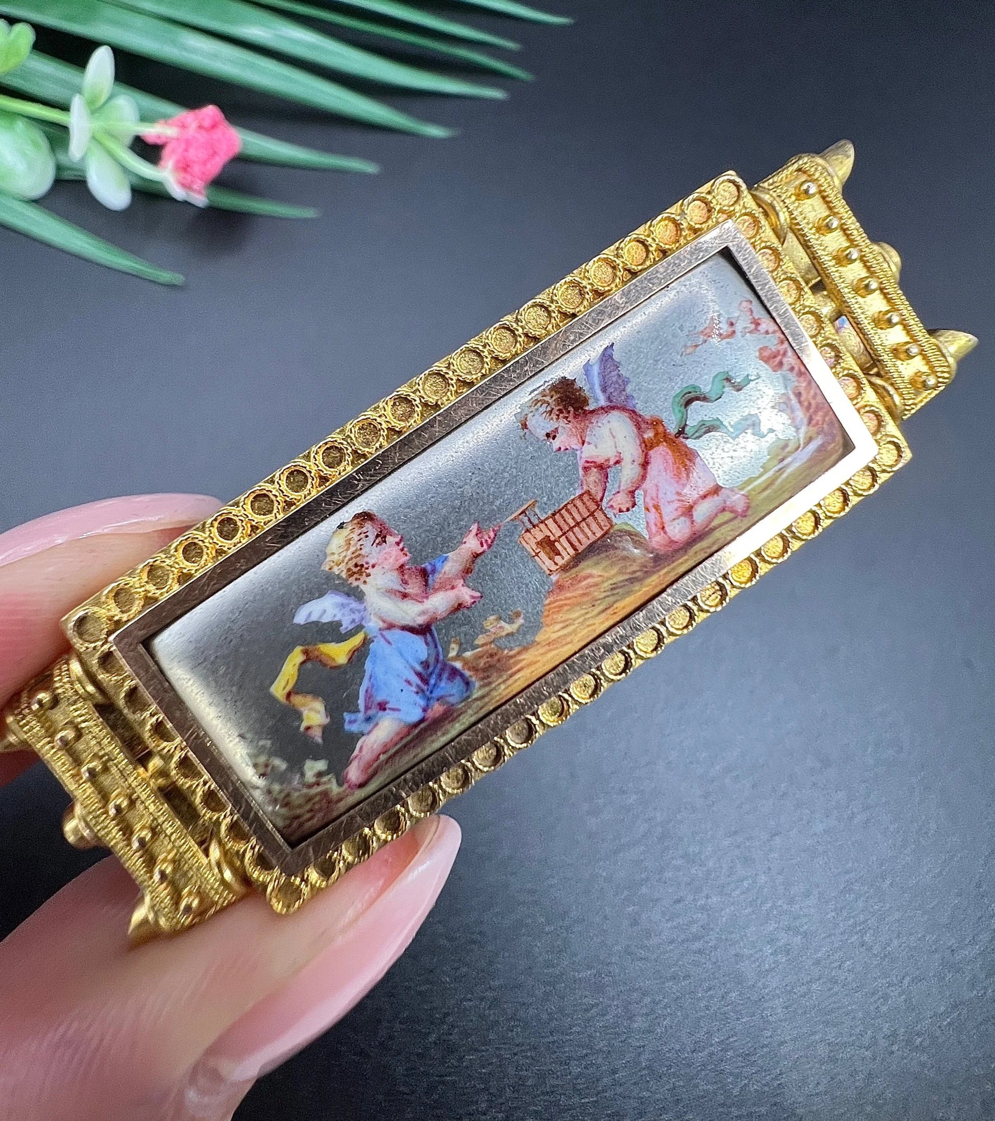 Antique 15 Carat Yellow Gold Enamel Cherub Panel Brooch, Circa 1880