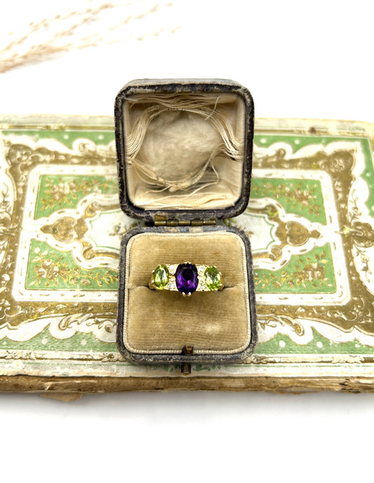 Antique 18 Carat Yellow Gold Edwardian Amethyst, Diamond and Peridot Suffragette Ring
