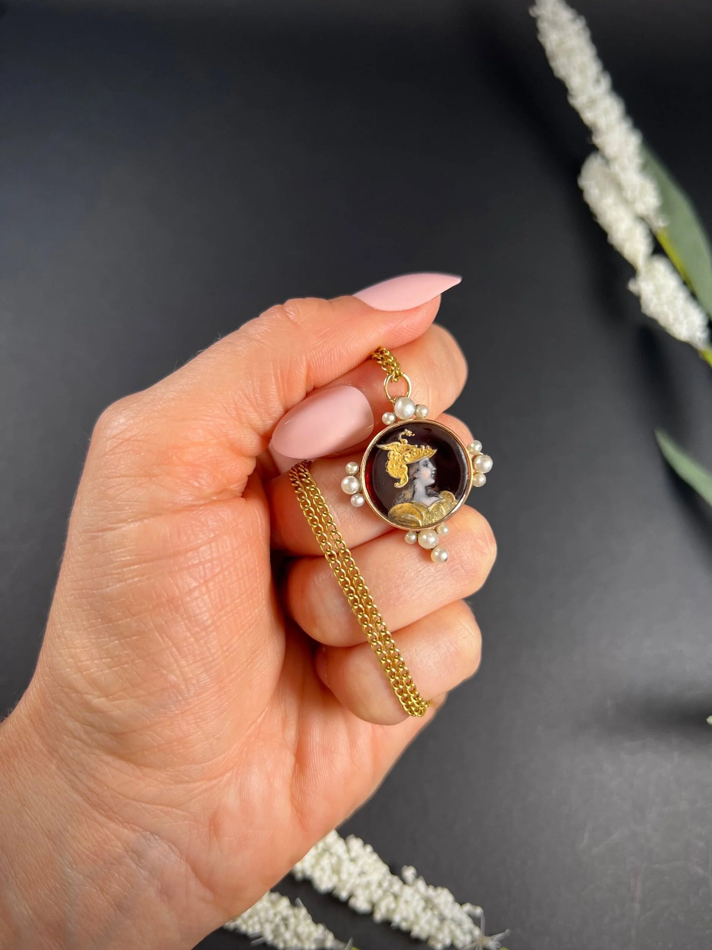 French Antique 1920’s Limoges Gold & Pearl Lady Portrait Pendant