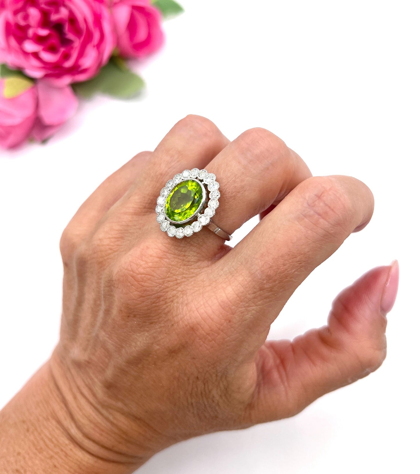 Antique French Platinum Peridot and Diamond Halo Cluster Ring, Circa 1910