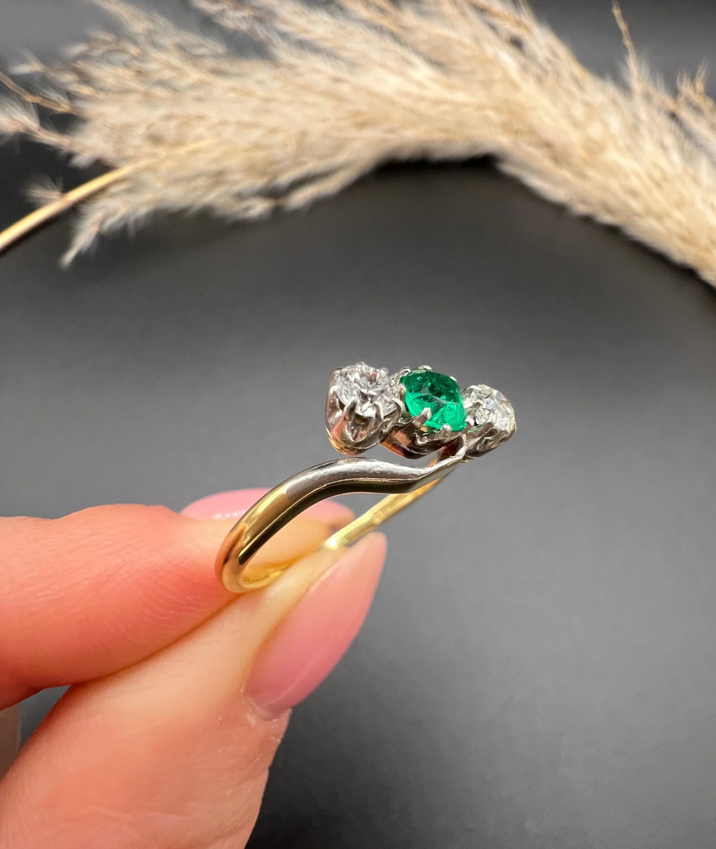 Antique 18 ct Gold And Platinum 1920's Emerald And Diamond Crossover Trilogy Engagement Ring