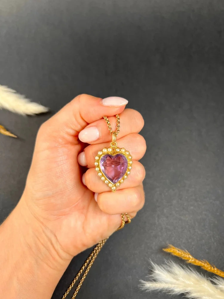 Antique Amethyst And Pearl Heart Pendant In 15 Carat Yellow Gold