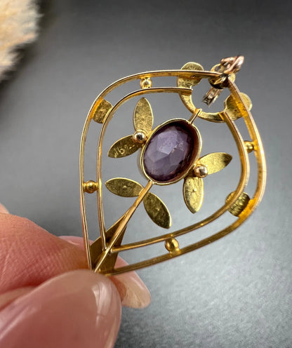 Antique 15 ct Gold Authentic Edwardian Suffragette Pendant set with Amethyst, Peridot And Seed Pearls