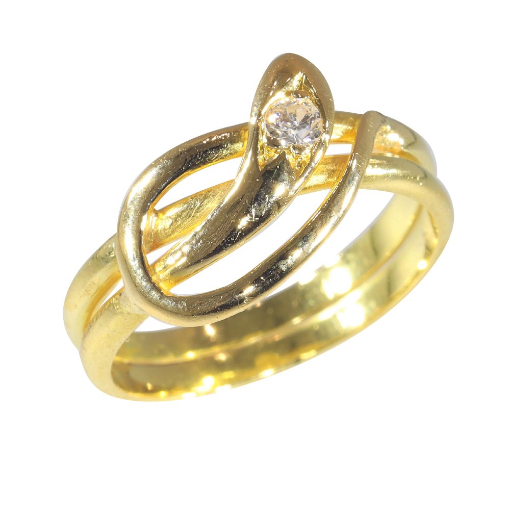 Late Victorian Antique Old Cut Diamond Set 18ct Yellow Gold Snake Ring, Circa 1900