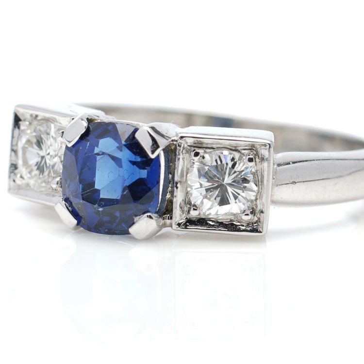 Vintage 0.85ct Sapphire and Diamond Three Stone Ring in Platinum