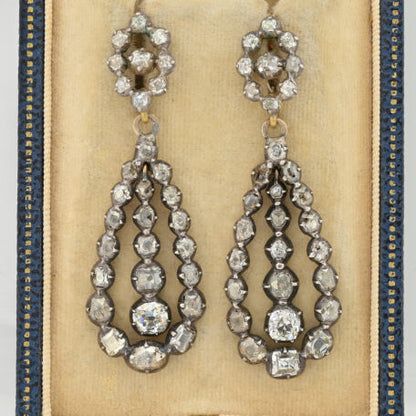 Georgian Antique 7.40ct Old Mine Cut and Table Cut Diamond Day and Night Drop Earrings