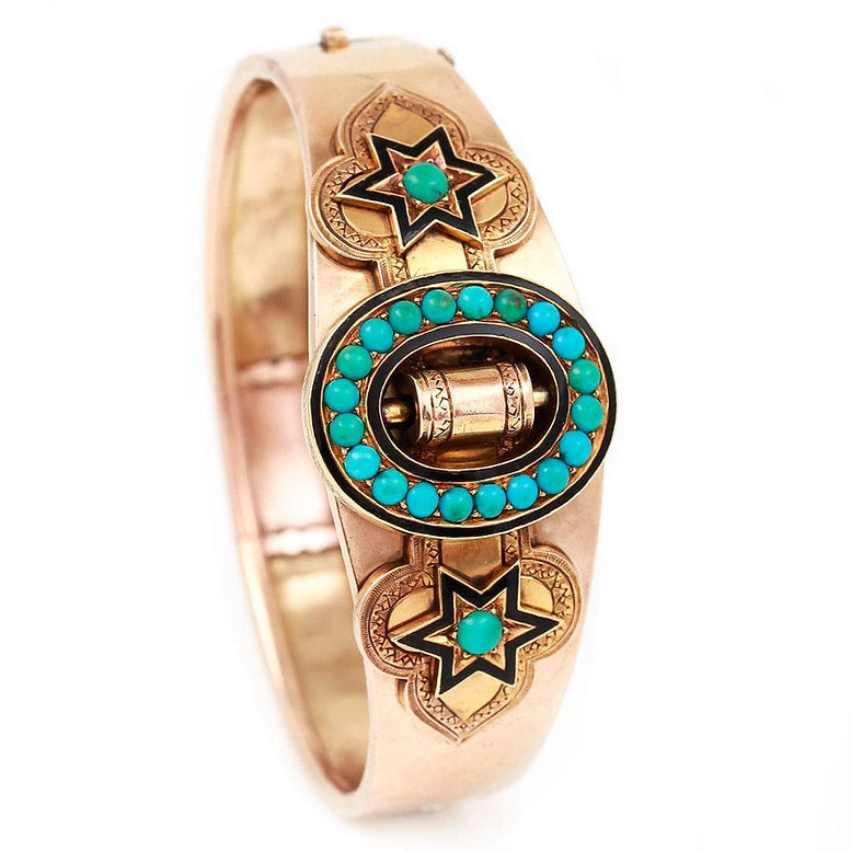 Antique Victorian 15ct Gold Turquoise Enamel Star Buckle Bangle Bracelet