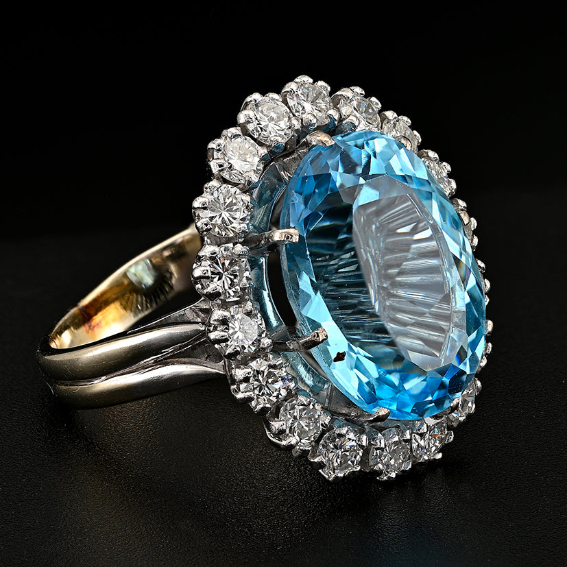 Vintage French 12ct Blue Topaz and Diamond Cluster Ring in Platinum and 18ct White Gold