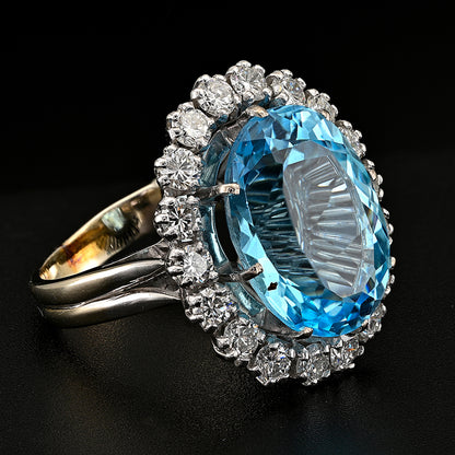 Vintage French 12ct Blue Topaz and Diamond Cluster Ring in Platinum and 18ct White Gold