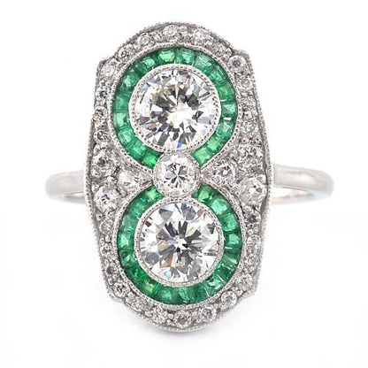 Edwardian Antique Diamond Two Stone and Emerald Cluster Plaque Ring