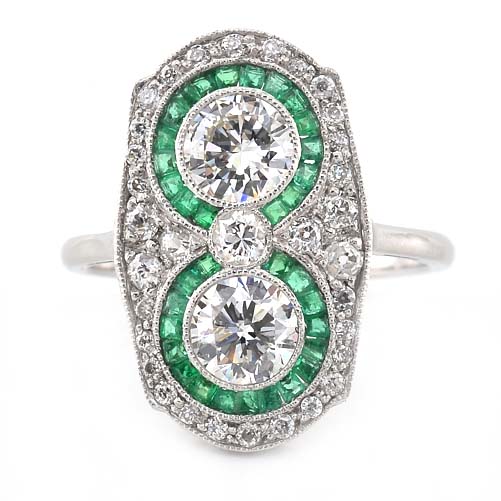 Edwardian Antique Diamond Two Stone and Emerald Cluster Plaque Ring