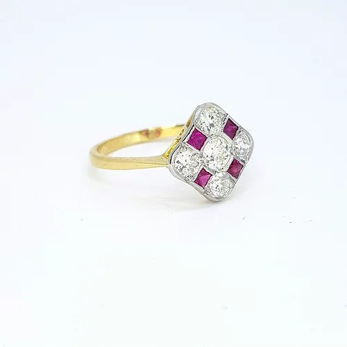 Ruby and Diamond Checkerboard Cluster Ring, 0.80 carats