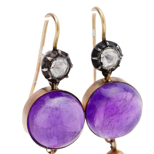 Antique Victorian Cabochon Amethyst and Diamond Drop Earrings
