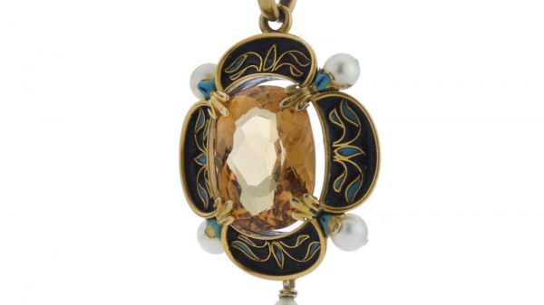 Antique Victorian 8ct Citrine, Enamel, Pearl and 15ct Gold Pendant