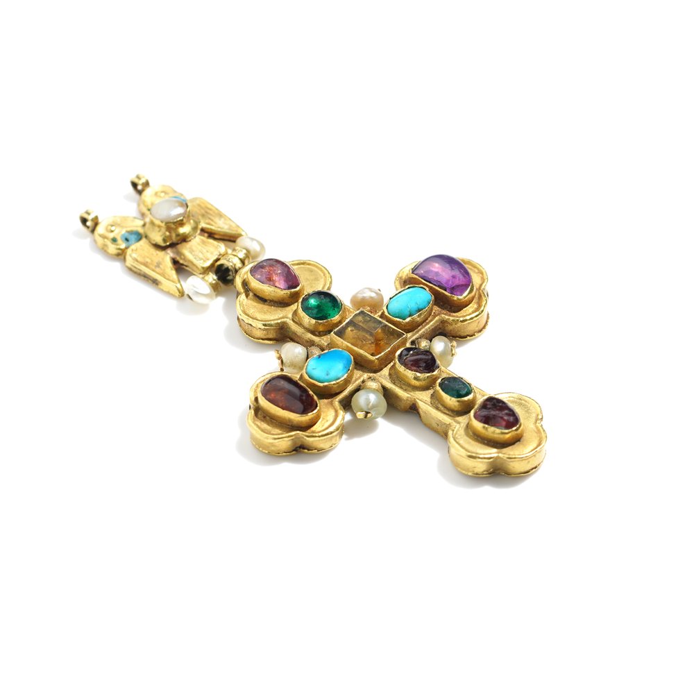 17th Century Antique Italian Multi Gemstone Gold Cross Pendant High Carat 21ct Gold