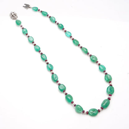 Art Deco Cabochon Emerald Bead Necklace with Rubellites and Seed Pearls, diamond set platinum hidden box clasp