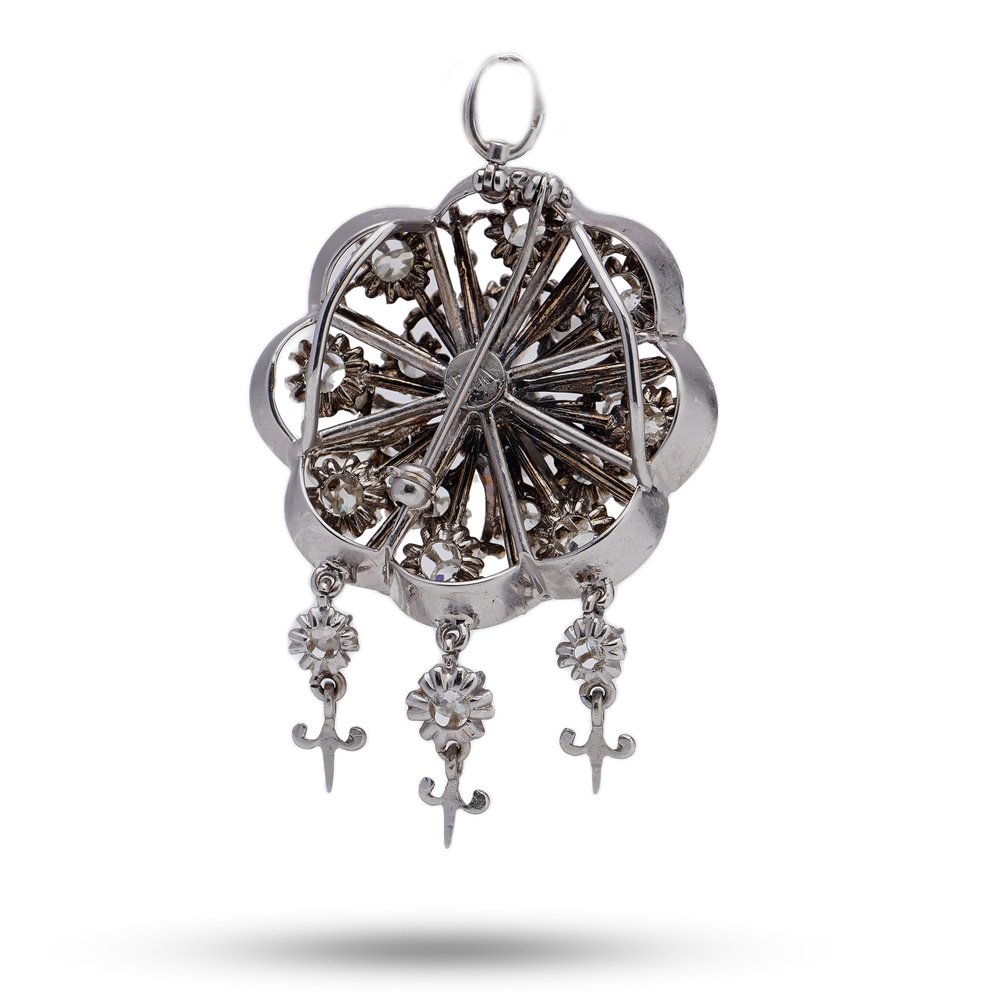 Vintage 3.1ct Old Cut Diamond Flower Cluster Pendant Brooch