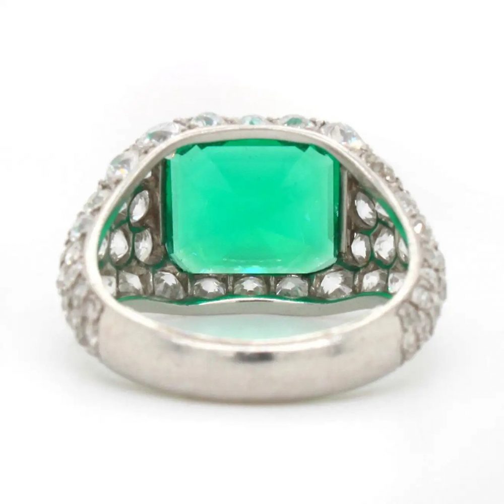 Art Deco Certified 2.85ct Natural No Oil Colombian Emerald and Old Cut Diamond Dress Ring