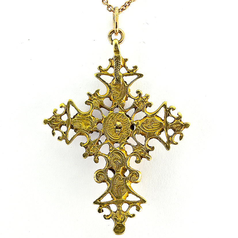 Georgian Antique Table Cut Garnet and Ruby Set 18ct Yellow Gold Cross Pendant, Mid 18th century Circa 1740