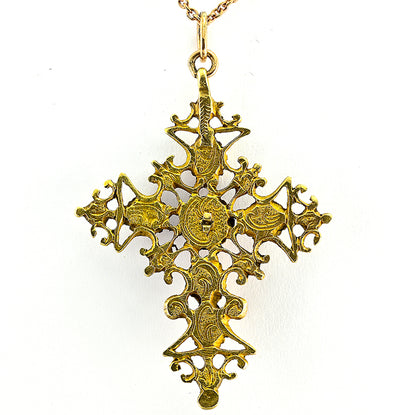 Georgian Antique Table Cut Garnet and Ruby Set 18ct Yellow Gold Cross Pendant, Mid 18th century Circa 1740