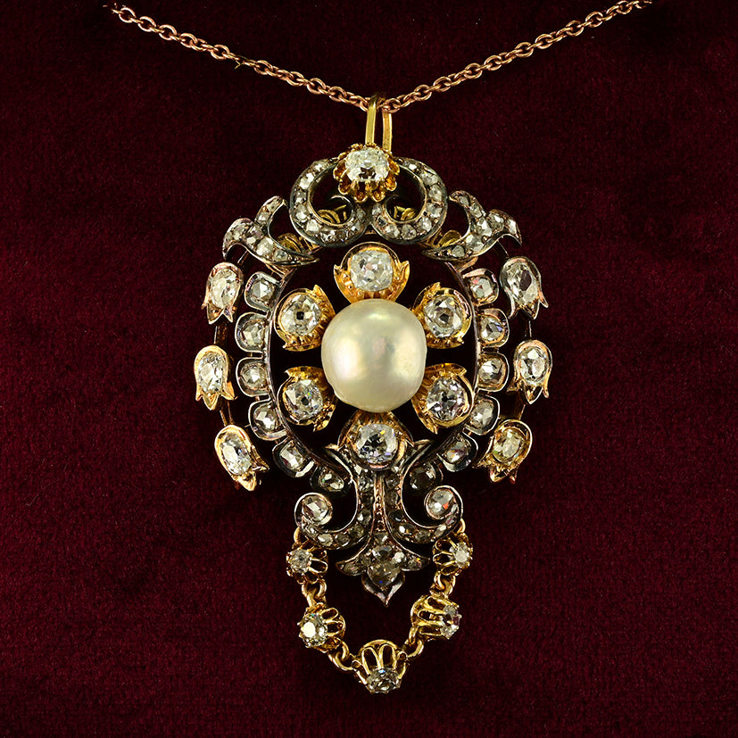 Victorian Antique 4.90ct Old Cut Diamond and Natural Pearl Pendant