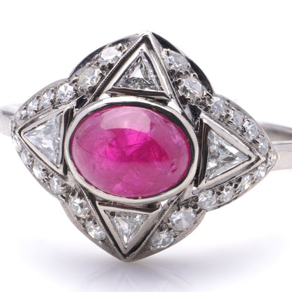 Art Deco Style Vintage Cabochon Ruby and Trilliant Diamond Cluster Ring