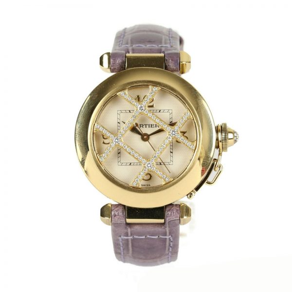 Cartier Pasha de Cartier 18ct Yellow Gold 2399 Ladies Automatic 32mm Wrist Watch With Removable Diamond Grill, white textured dial, Arabic numerals at 12, 3, 6 and 9 o'clock, sapphire crystal glass and a pavé set diamond crown cap. On a Cartier purple leather strap, with a Cartier 18ct yellow gold pin buckle.