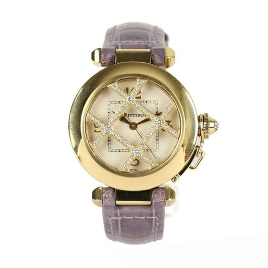 Cartier Pasha de Cartier 18ct Yellow Gold 2399 Ladies Automatic 32mm Wrist Watch With Removable Diamond Grill, white textured dial, Arabic numerals at 12, 3, 6 and 9 o'clock, sapphire crystal glass and a pavé set diamond crown cap. On a Cartier purple leather strap, with a Cartier 18ct yellow gold pin buckle.