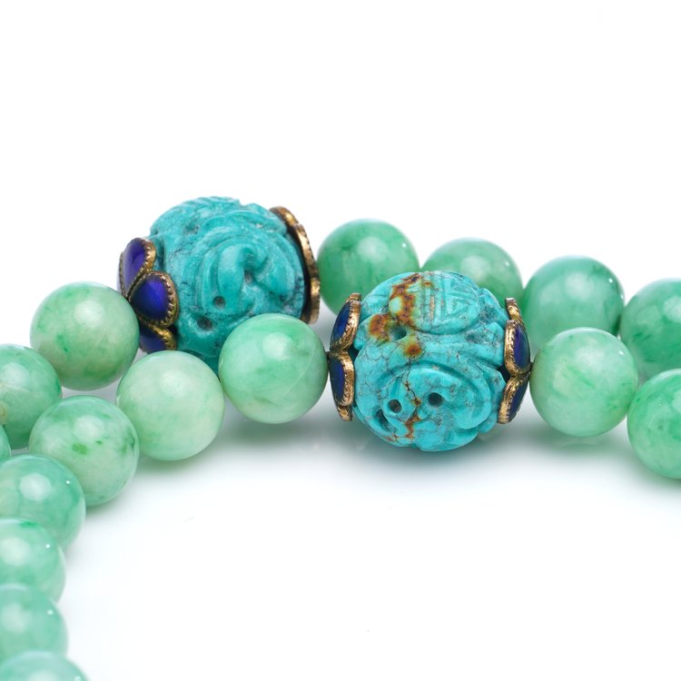 Antique 19th century Chinese Jade Beaded Necklace with Carved Turquoise and Blue Enamel Flowers