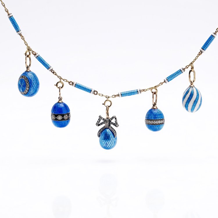 Vintage Gold and Blue Enamel Russian Egg Necklace