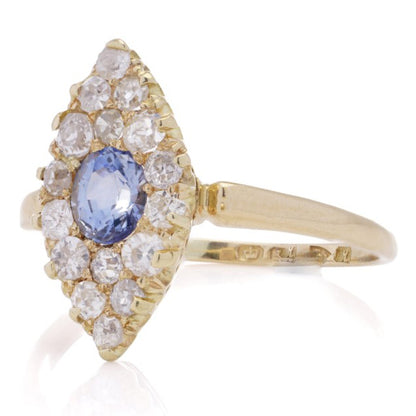 Edwardian Antique Sapphire and Old European Cut Diamond Marquise Cluster Ring