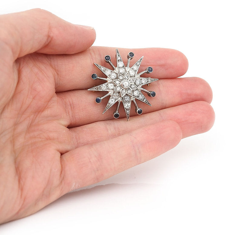 Vintage 1.8ct Diamond and Sapphire Star Brooch Pendant