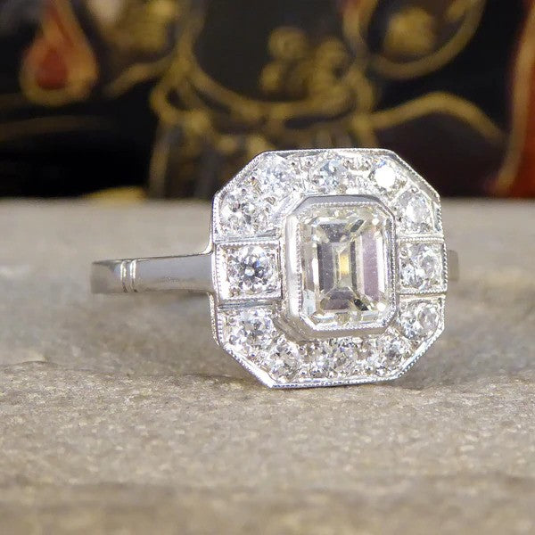 Art Deco Inspired 1ct Emerald Cut Diamond Cluster Ring in Platinum, 1.50 carat total