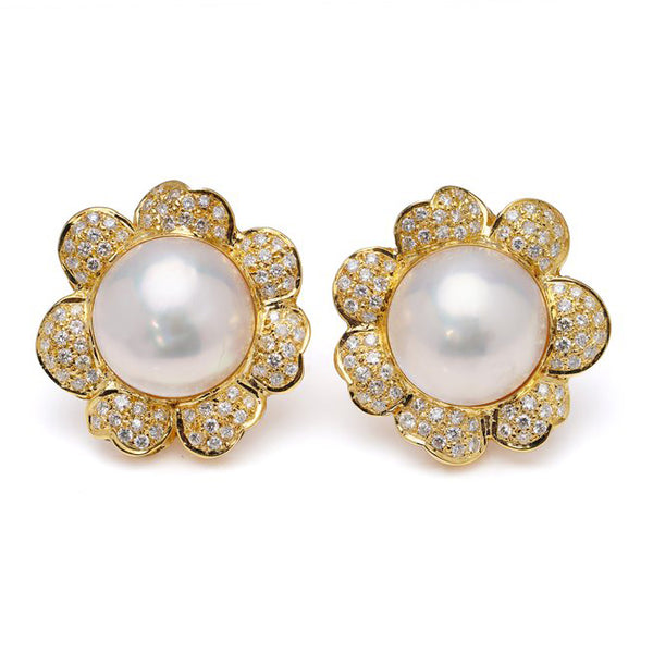 Pearl and Diamond Flower Cluster Earrings