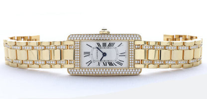 Cartier Tank Américaine 2482 Ladies Watch in 18ct Yellow Gold with Original Cartier Diamond Bezel and Bracelet, In very good condition and comes with Cartier box and papers.