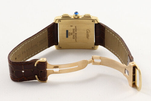 Cartier Tank Francaise Chronograph 18ct Yellow Gold 28mm Wrist Watch, on a brown leather strap with Cartier 18ct deployant buckle.