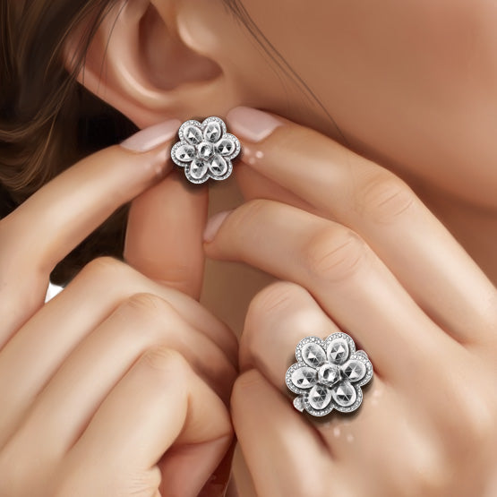 Rose Cut Diamond Blossom Floral Stud Earrings, 2.97 carats