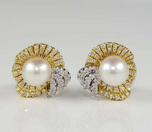 Vintage South Sea Pearl and Diamond Bow Cluster Earrings, 2.40 carats