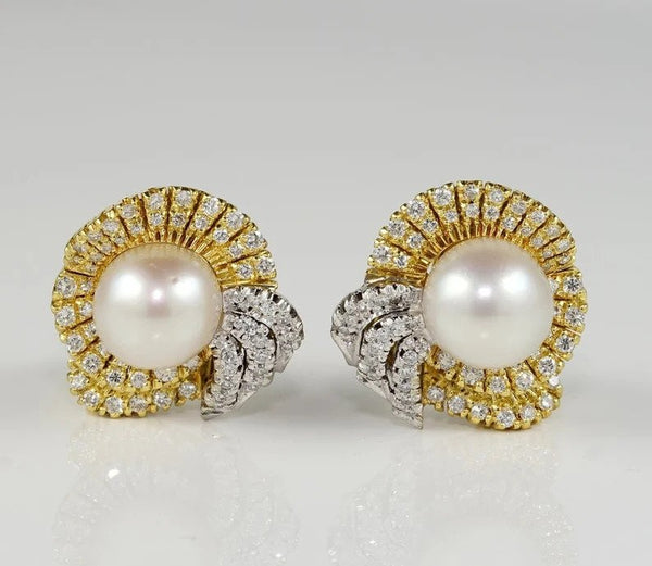 Vintage South Sea Pearl and Diamond Bow Cluster Earrings, 2.40 carats