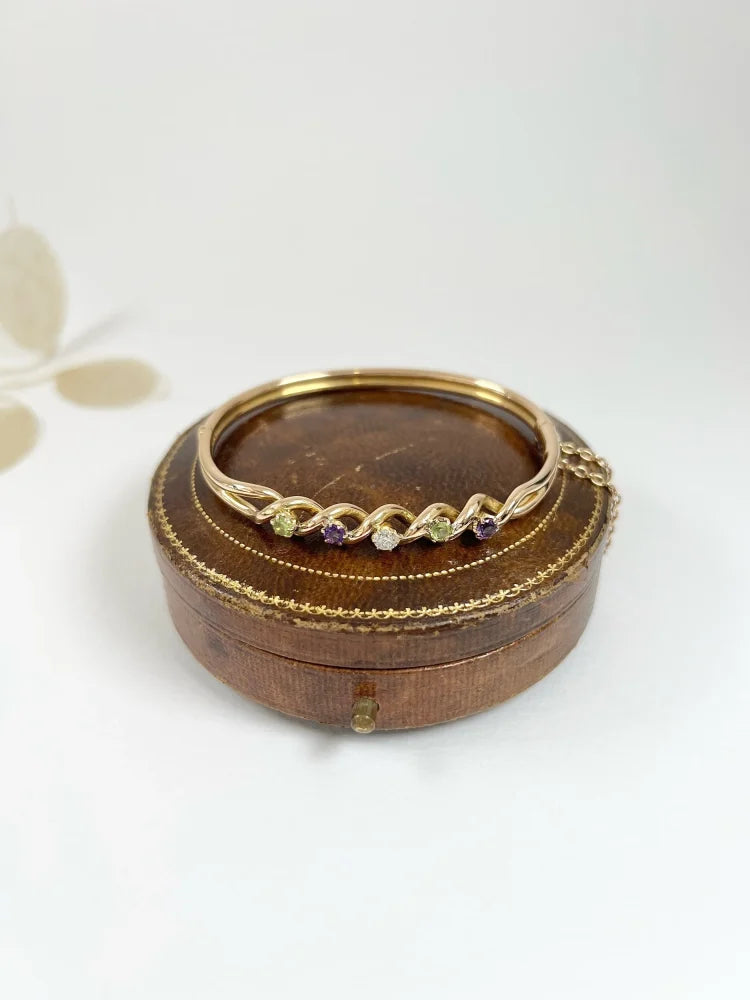 Antique 15 Carat Yellow Gold Suffragette Bangle with Amethyst, Peridot And Diamond Stones